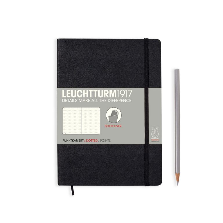 Notebook Medium (A5) Softcover, 121 Numbered Pages, Dotted, Black