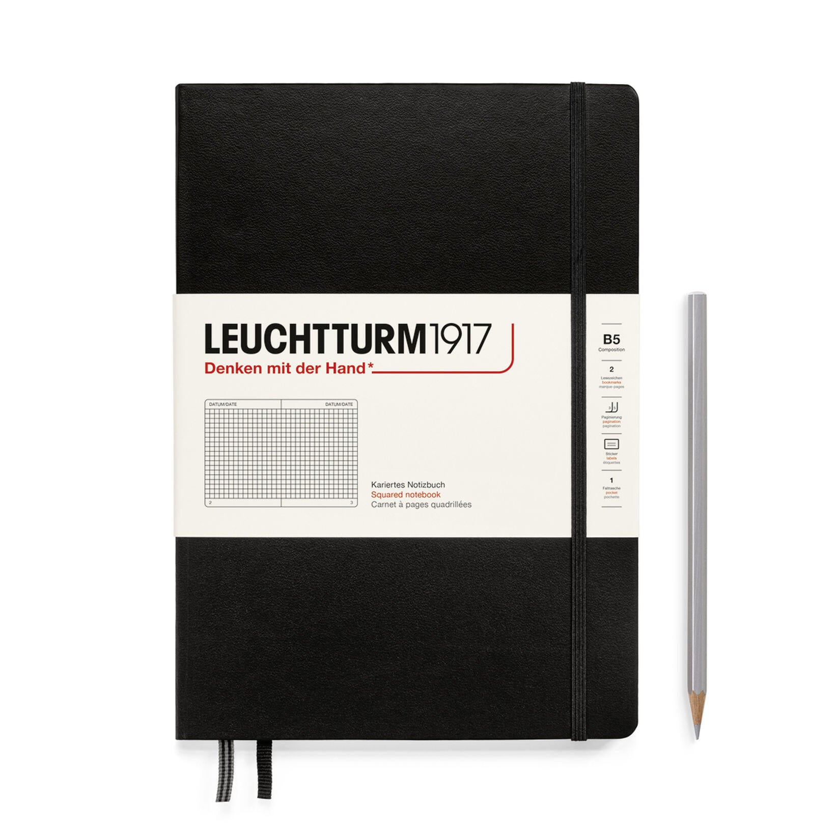 Notebook Hardcover composition (B5), 219 Numbered pages, Squared, Black