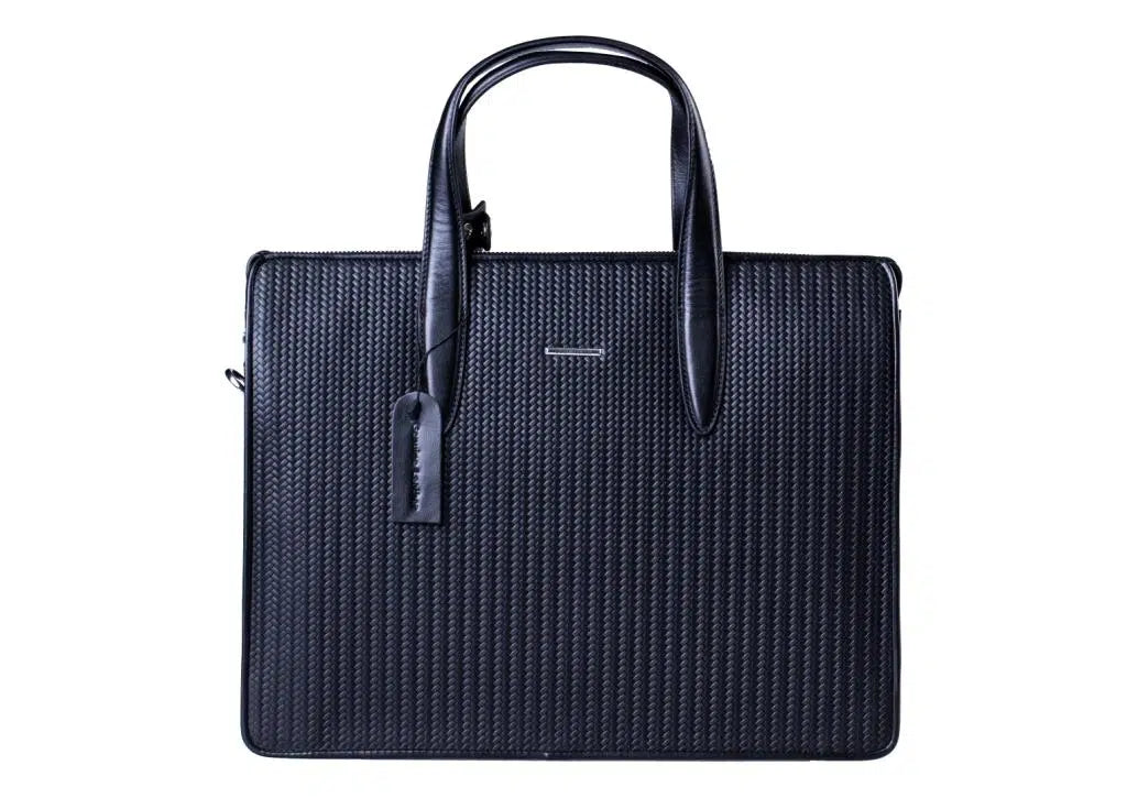 Black Leather Laptop Basketweave Bag
