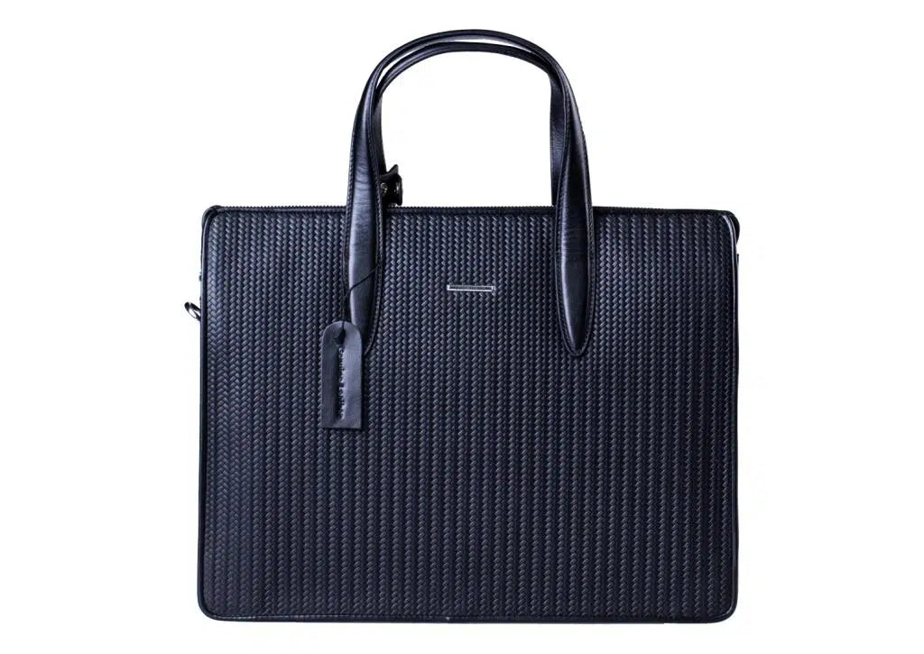 Cudworth Black Leather Laptop Basketweave Bag