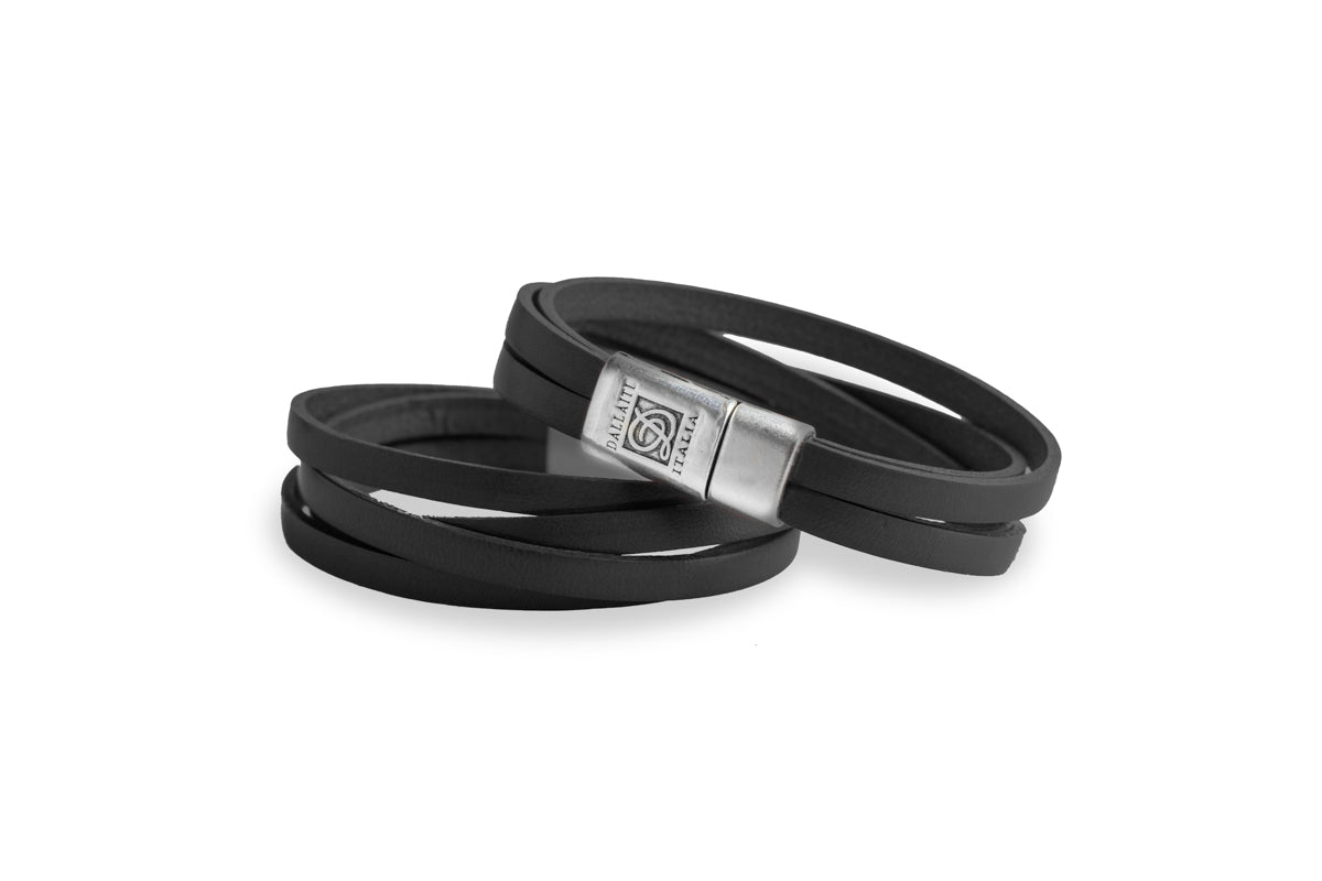 Black bracelet with leather stripes and magnetic metal buckle