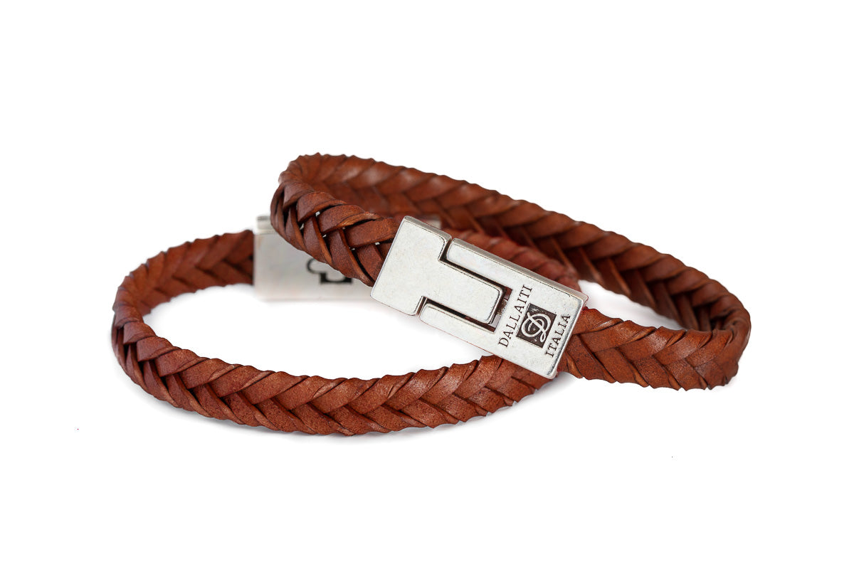 Brown braided leather bracelet with magnetic metal buckle
