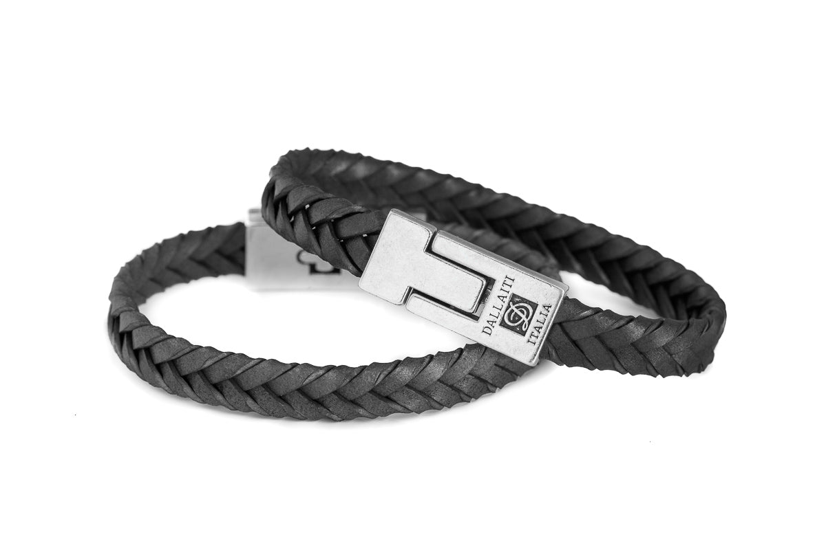 Black braided leather bracelet with magnetic metal buckle
