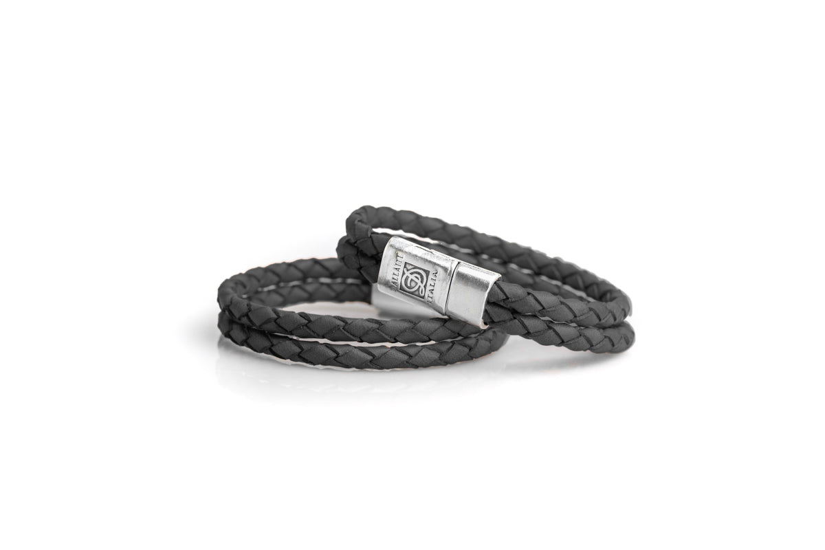Black Double braided woven leather bracelet with magnetic metal clasp