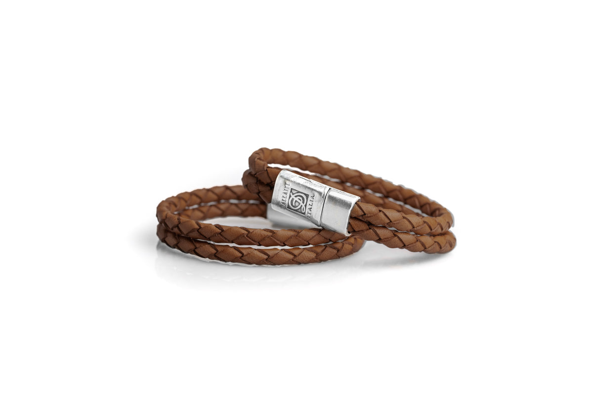 Brown Double braided woven leather bracelet with magnetic metal clasp