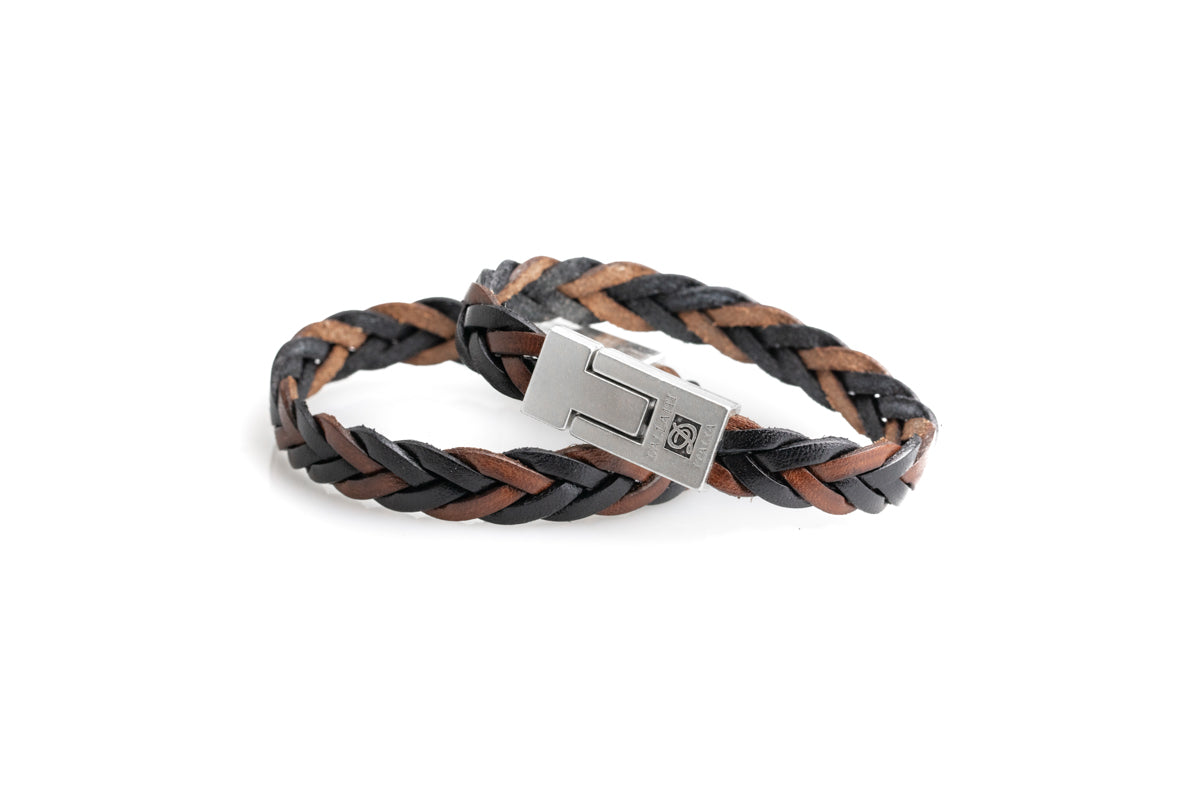 Black / Brown Two tone braided leather bracelet with magnetic metal clasp