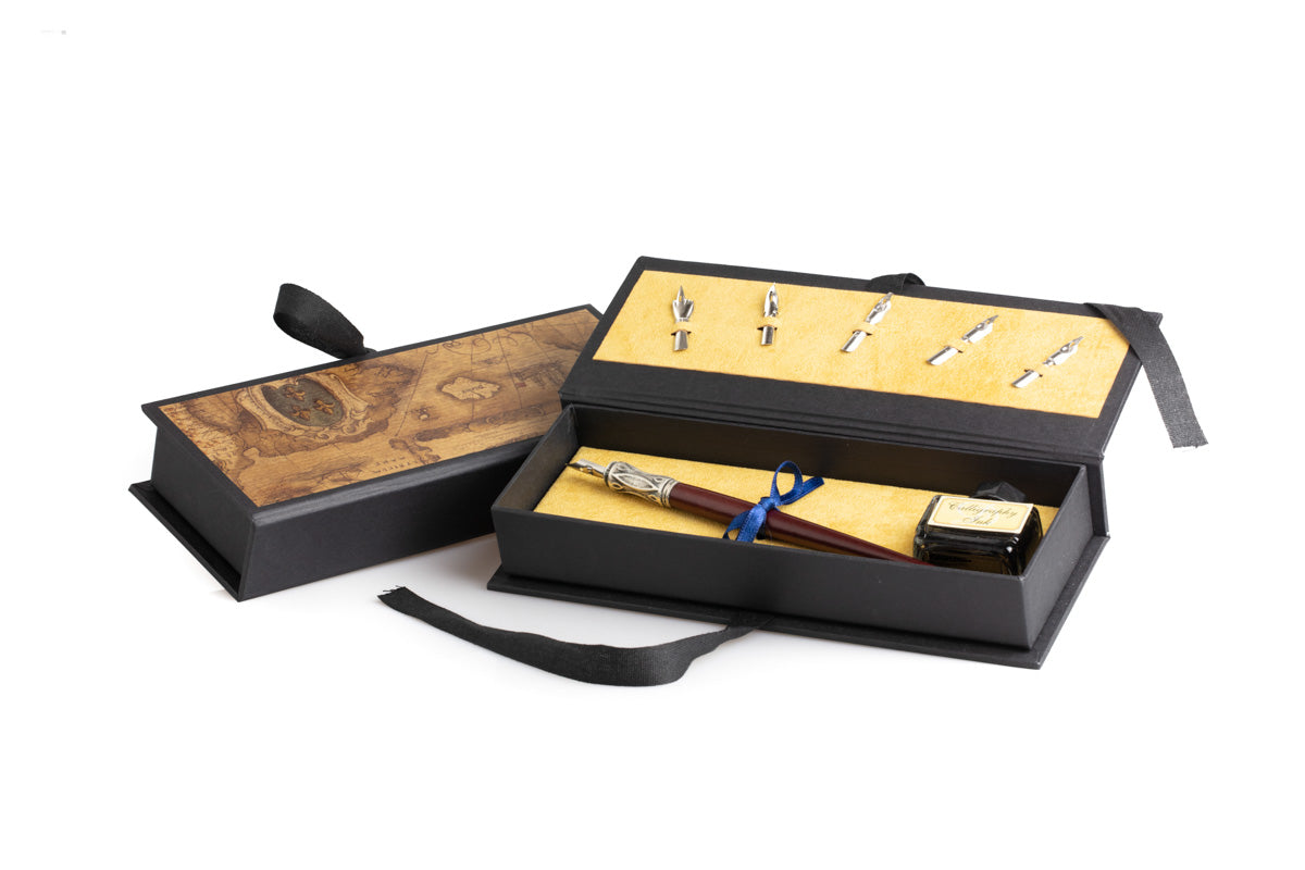 Writing set with wooden pen, decorated metal tip and calligraphic ink in a luxury handmade package