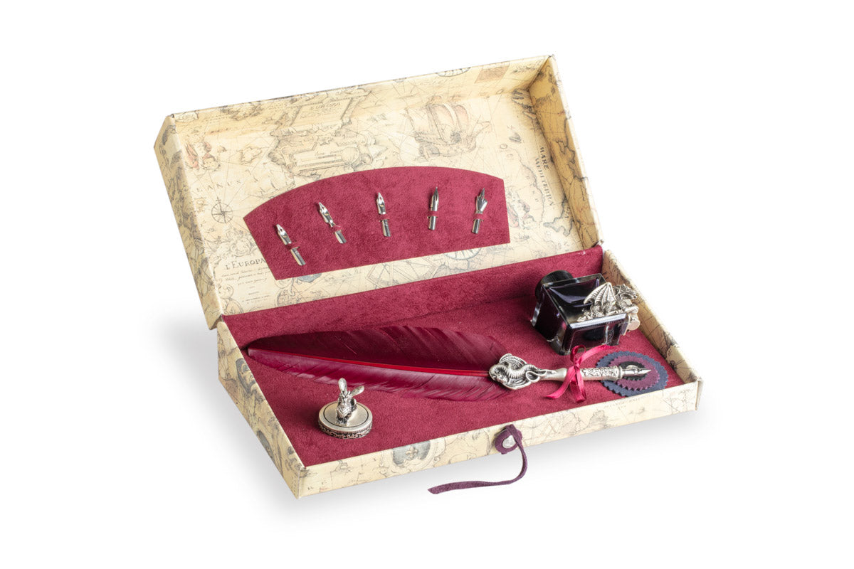 Writing box set with Burgundy feather quill and dragon ink