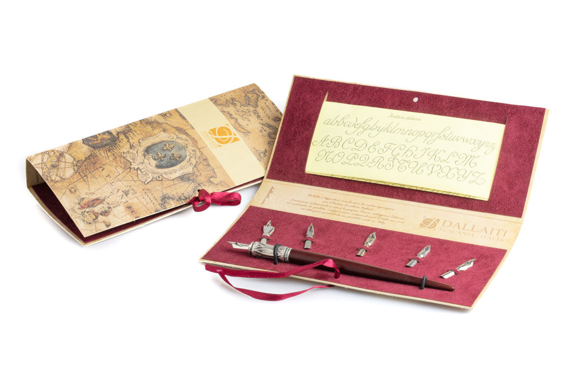 Writing set with wooden calligraphy pen with decorated metal tip and calligraphy sheet