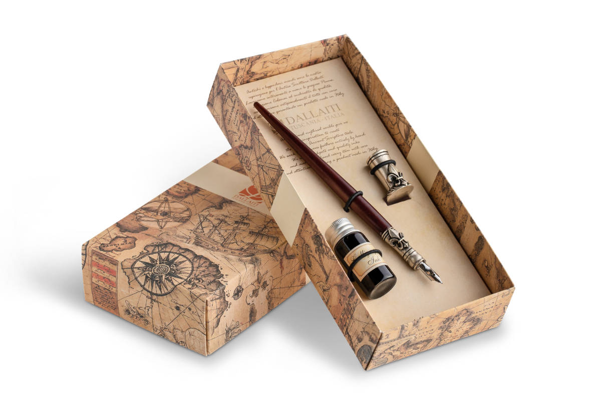 Writing set with wooden pen with metal tip decorated with lily, metal pen rest with lily and calligraphic ink