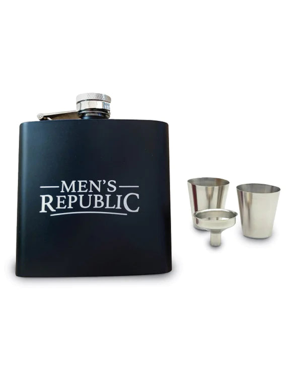 Hip Flask, Funnel and 2 Cups - Silver/Blk