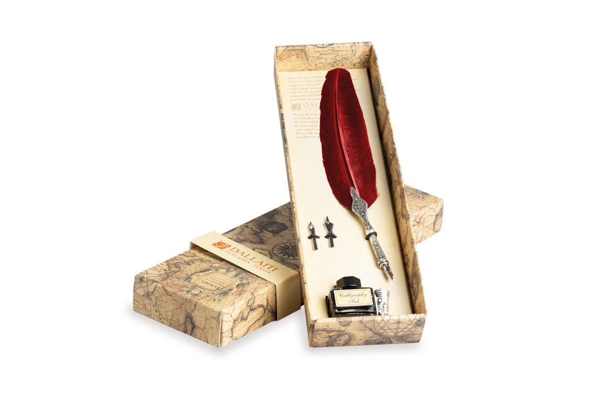 Writing set with decorated red feather pen, calligraphic ink & decorated metal pen holder