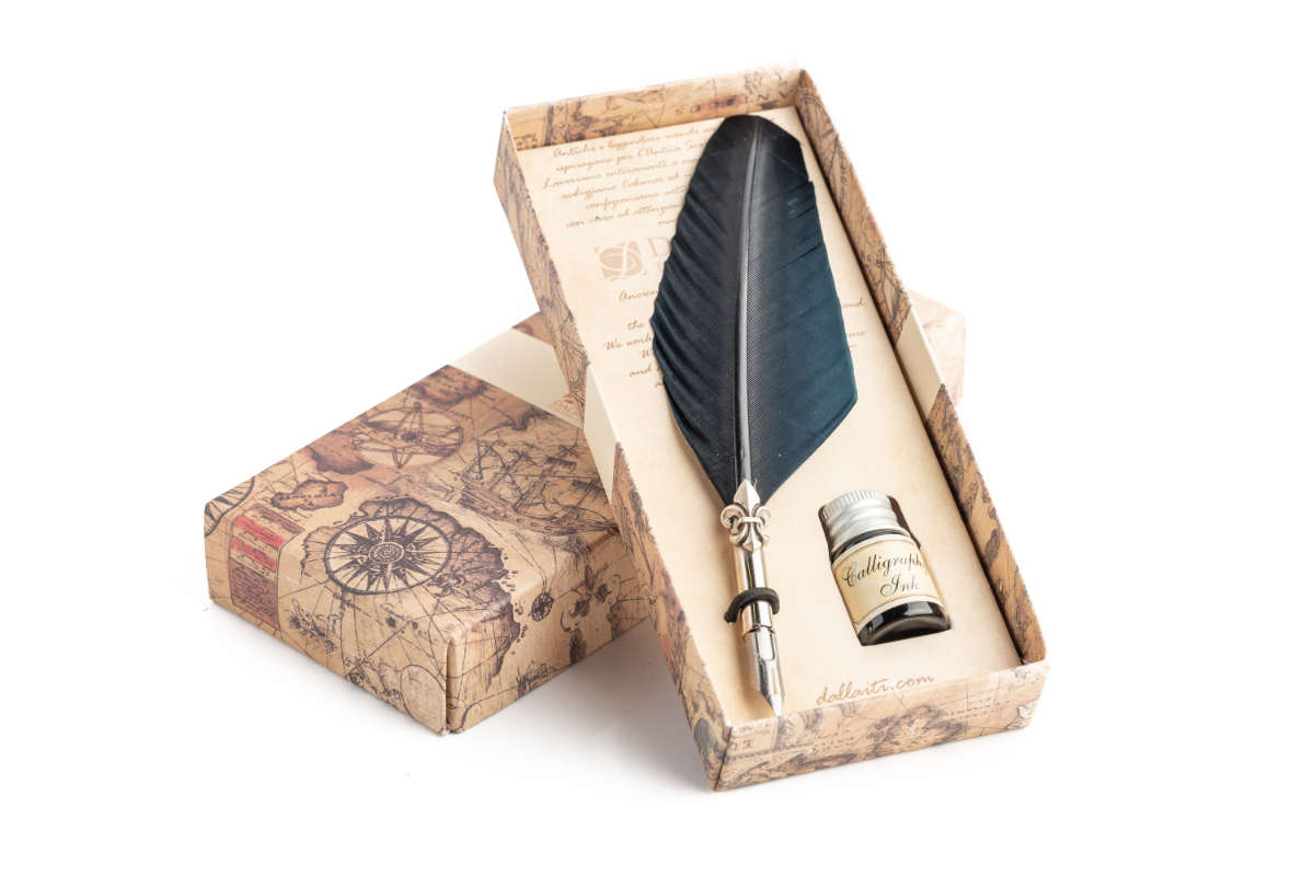 Writing set with blue large feather pen, lily decorated ferrule & black ink
