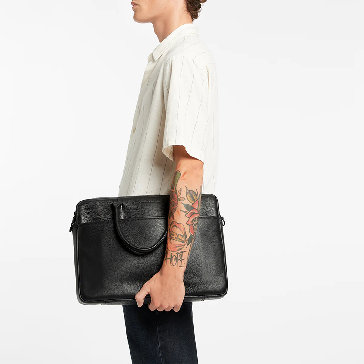 All Black Leather Satchel & Laptop Bag from Status Anxiety