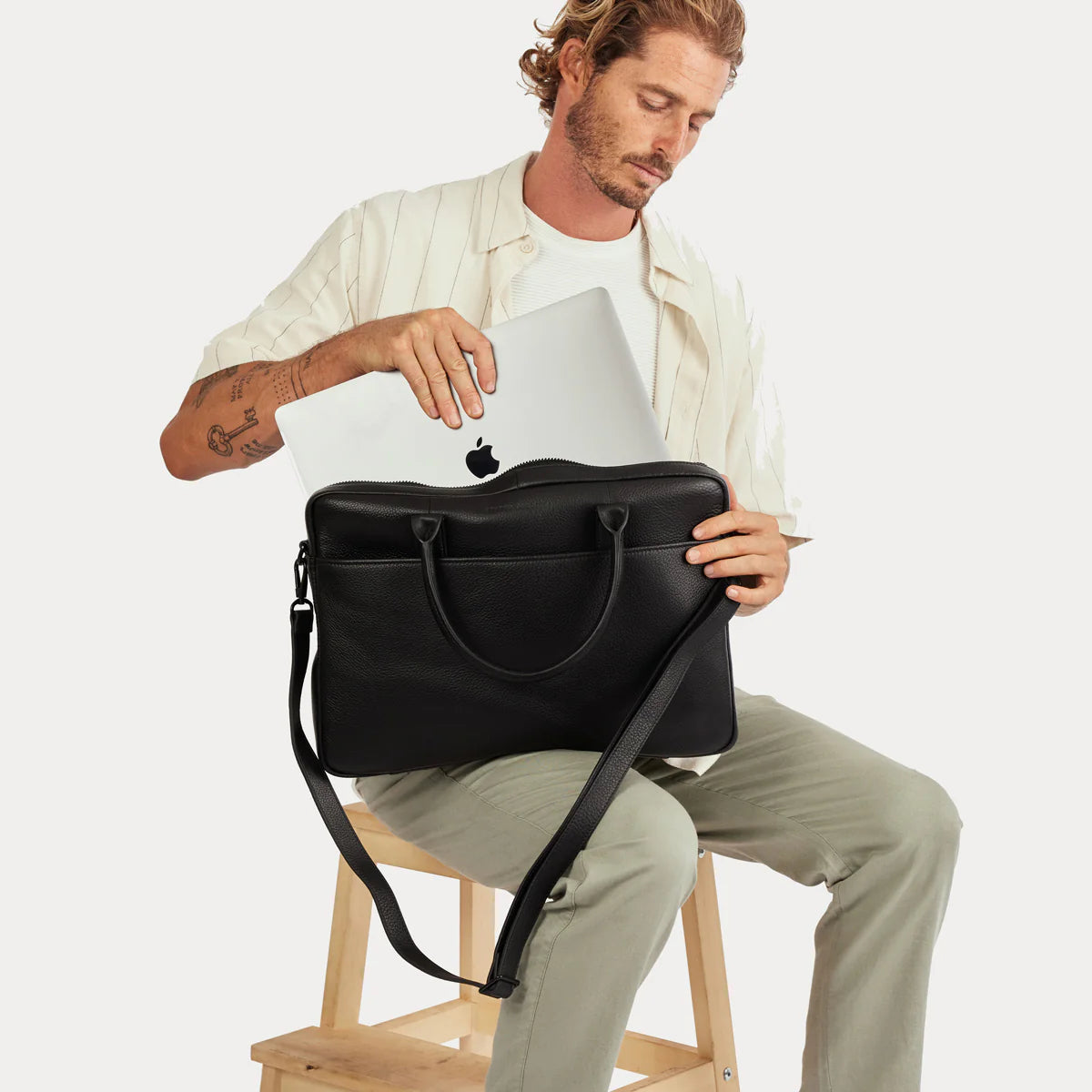 All Black Leather Satchel & Laptop Bag from Status Anxiety