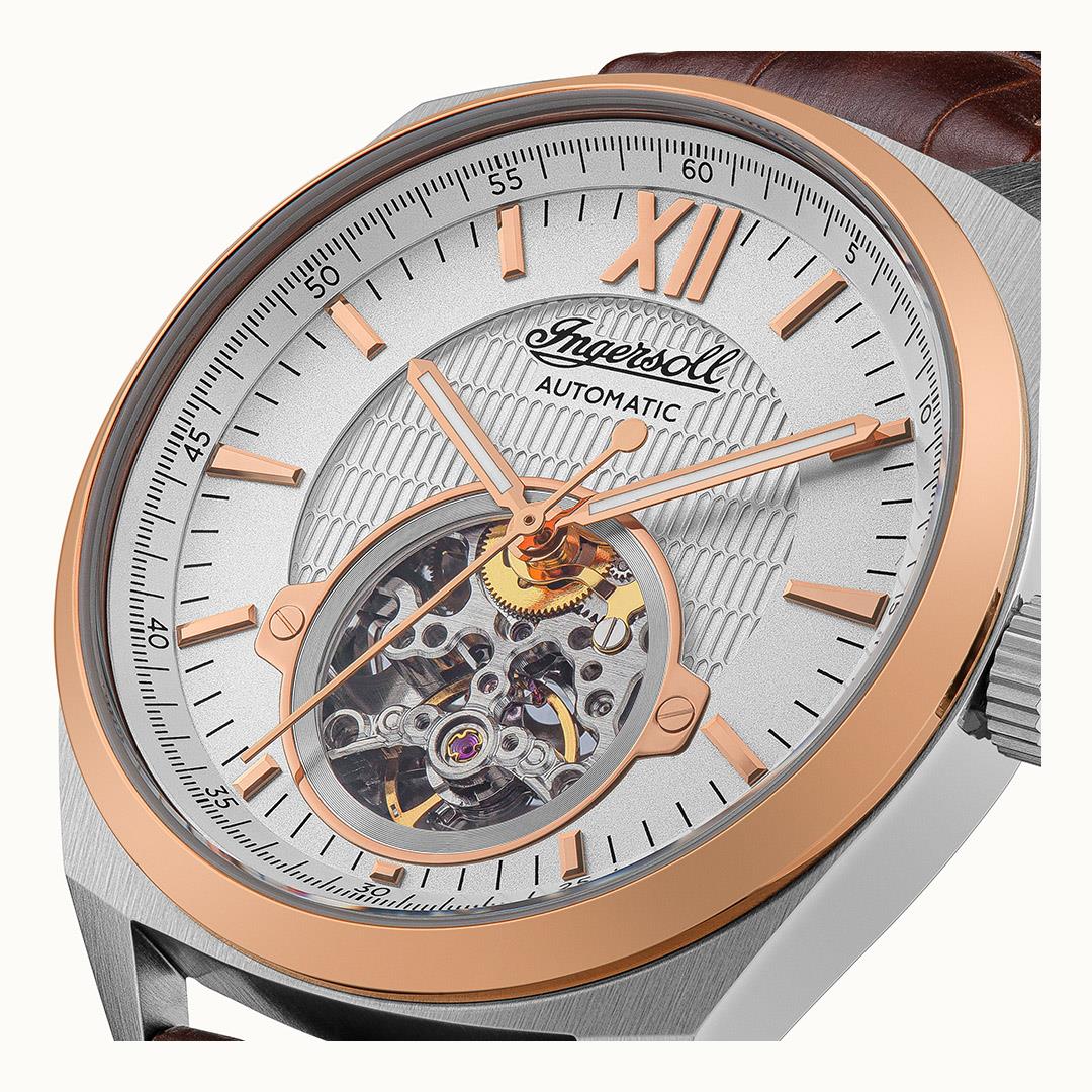 The Shelby Automatic Silver Rose Gold Brown Leather Watch