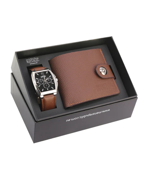 Watch set with Leather Wallet - Brown