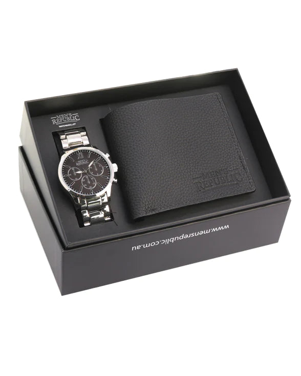 Watch set with Leather Wallet - Black